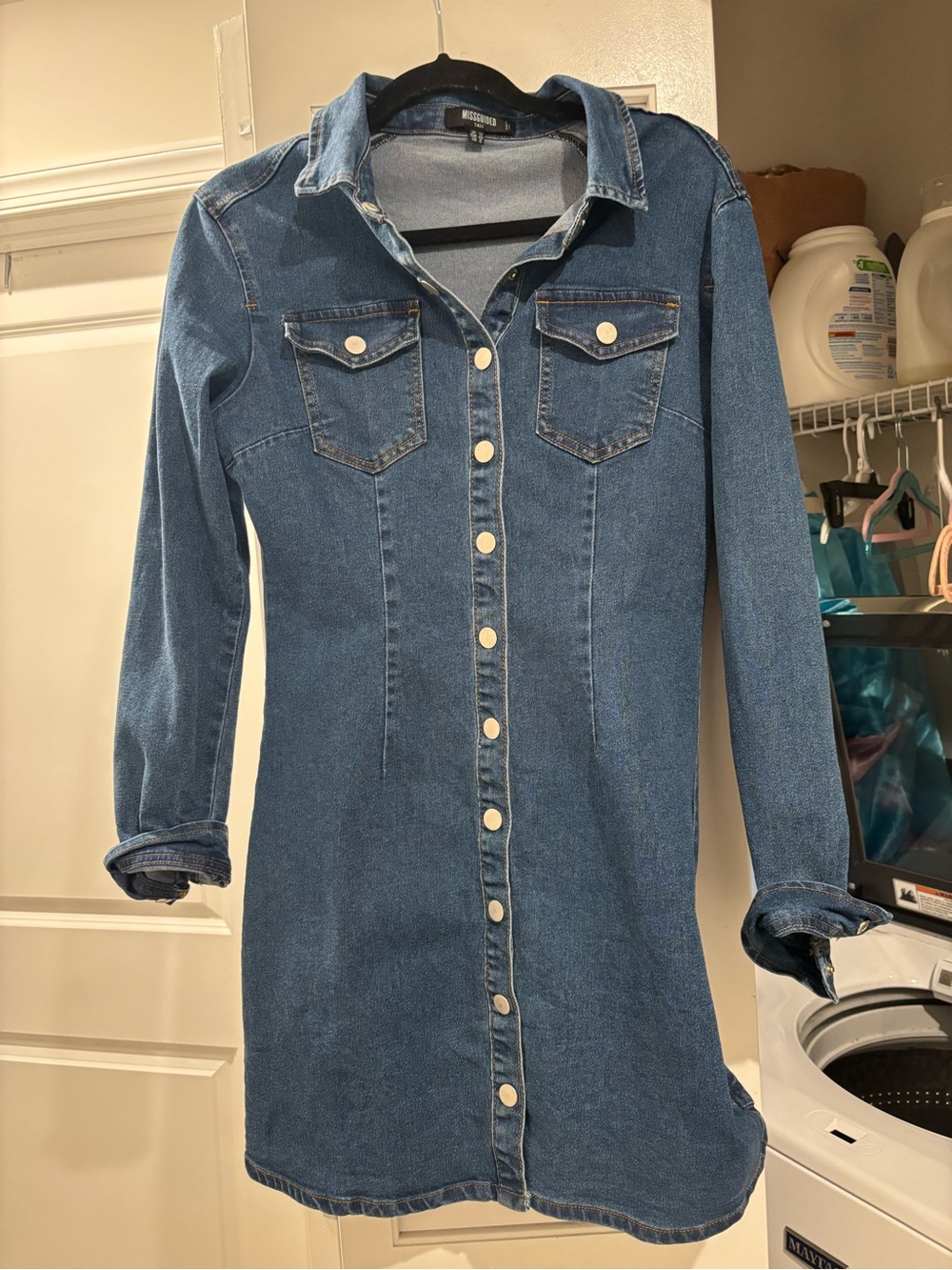 Missguided Blue Long Sleeve Denim Shirt Dress fitted size 8 - Picture 2 of 4